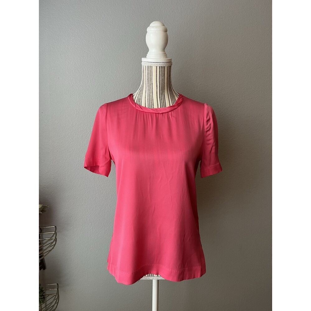 Kobi Halperin Womens Short Sleeve Scoop Neck Silk Boxy Shirt Pink Size XS